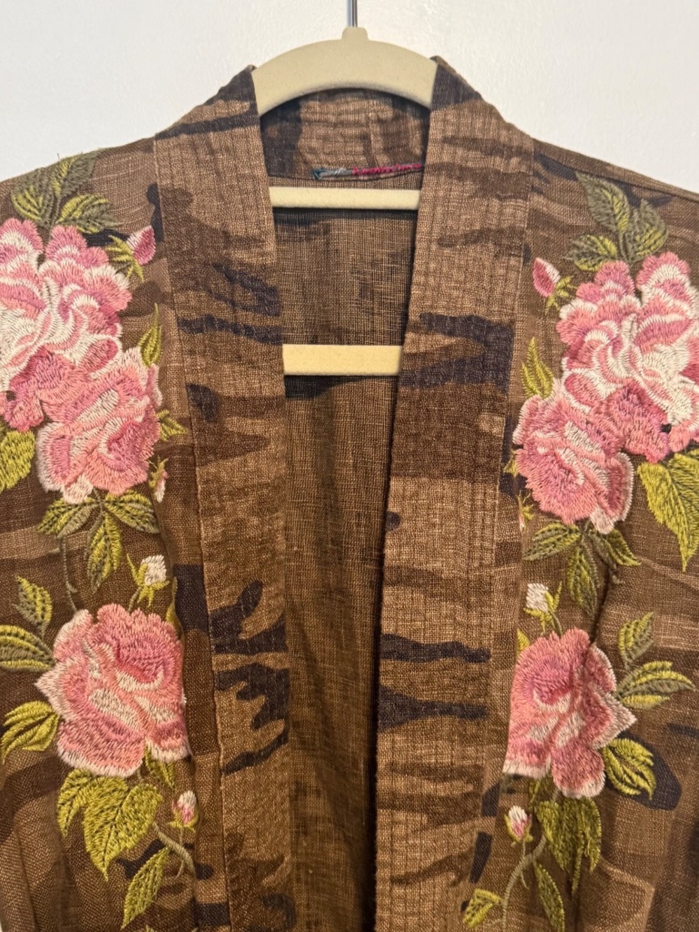 Johnny Was Flora Camo Embroidered Kimono Duster Belted Linen Boho - Picture 3 of 15